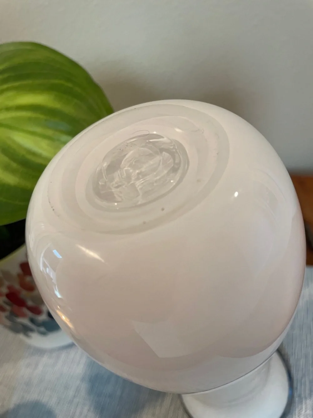 Vintage White Handblown Glass Vase – Chrome Colored Mushroom Rim –  8.5